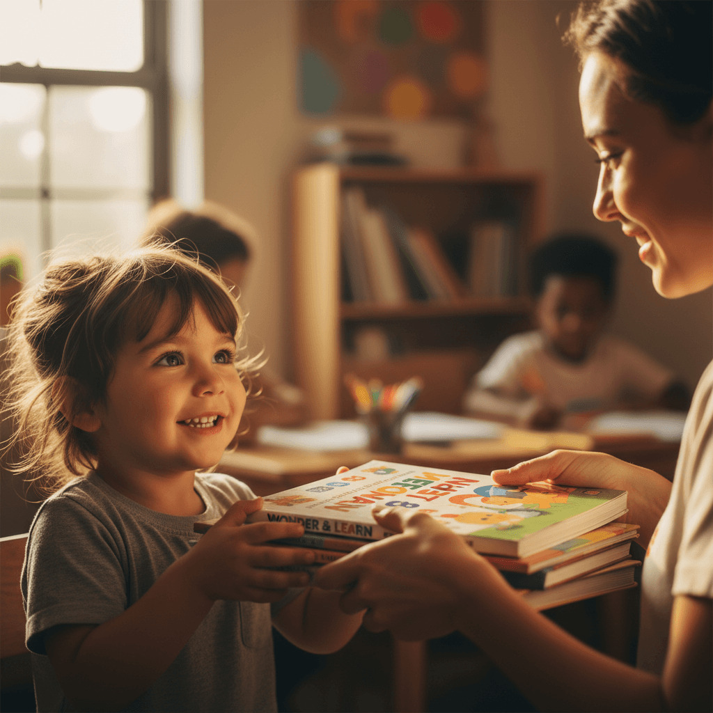 Child receiving educational support and materials
