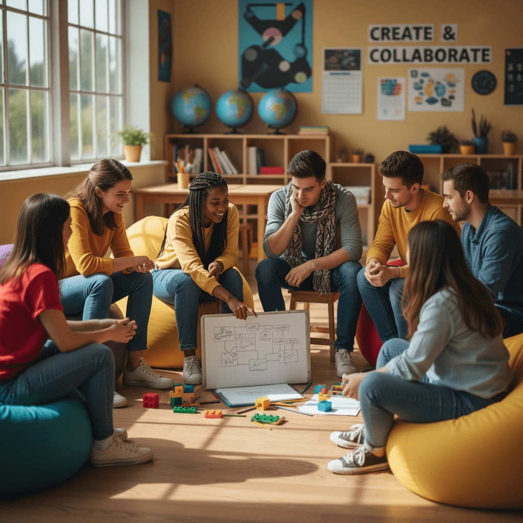 Group of youth participants engaged in collaborative learning activity