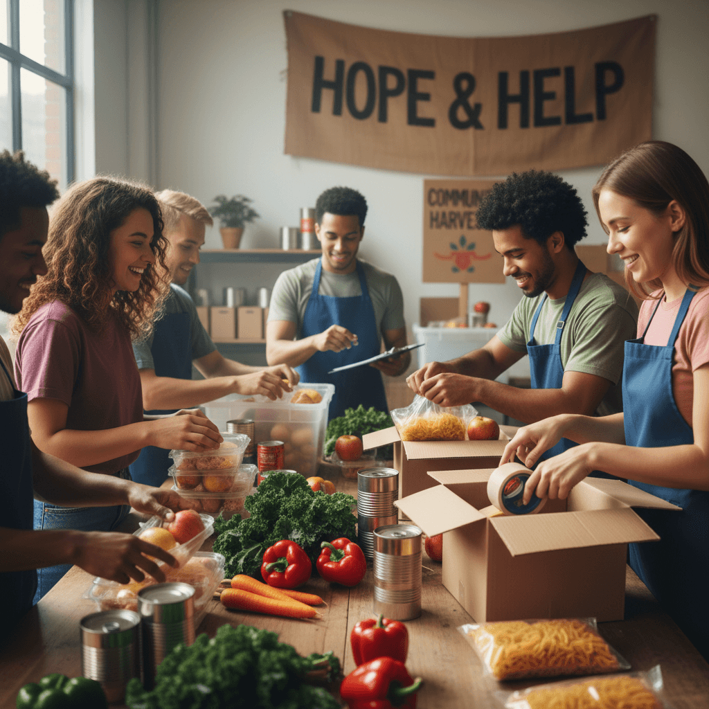 Volunteers collaborating on food distribution