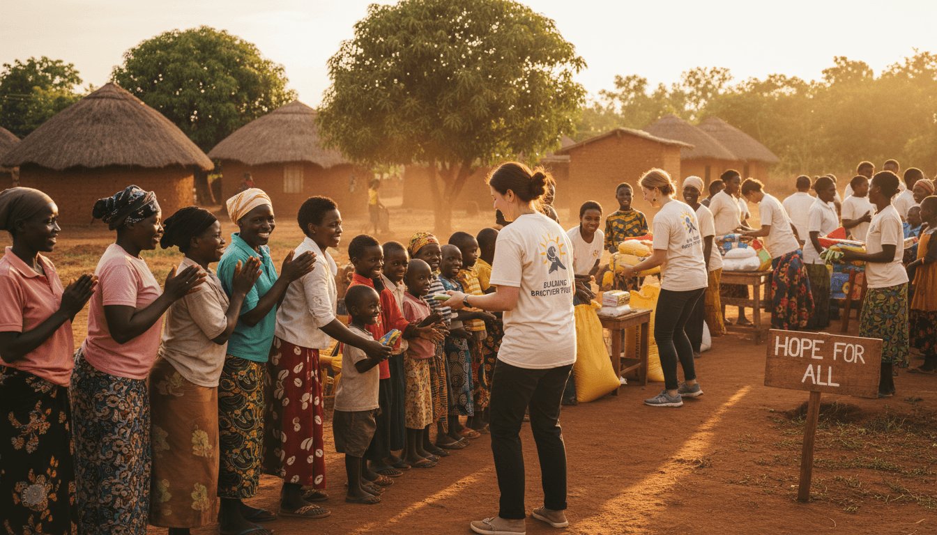 Community volunteers and families working together during a food distribution and community outreach event in Zambia