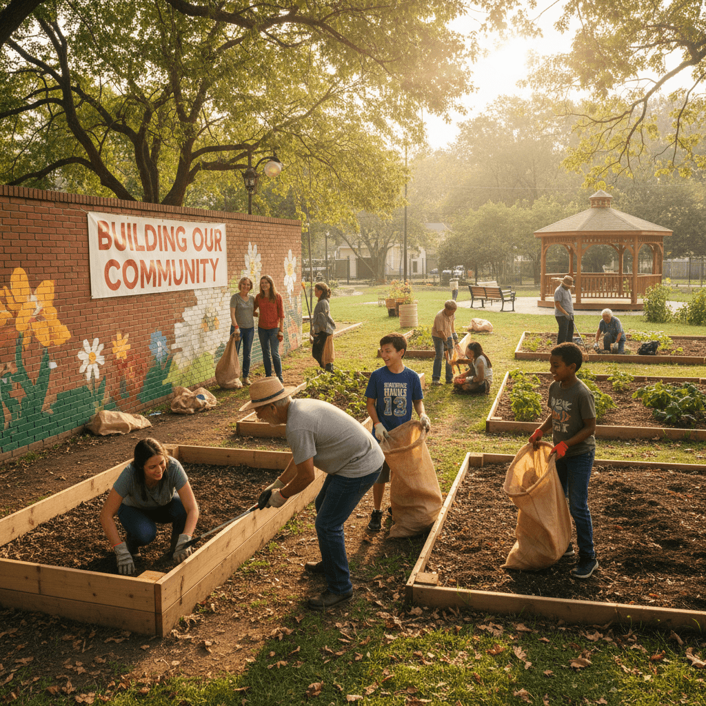 Volunteers and community members collaborating on a community project