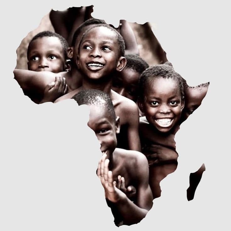 Silhouette of the African continent filled with a collage of joyful, smiling children.