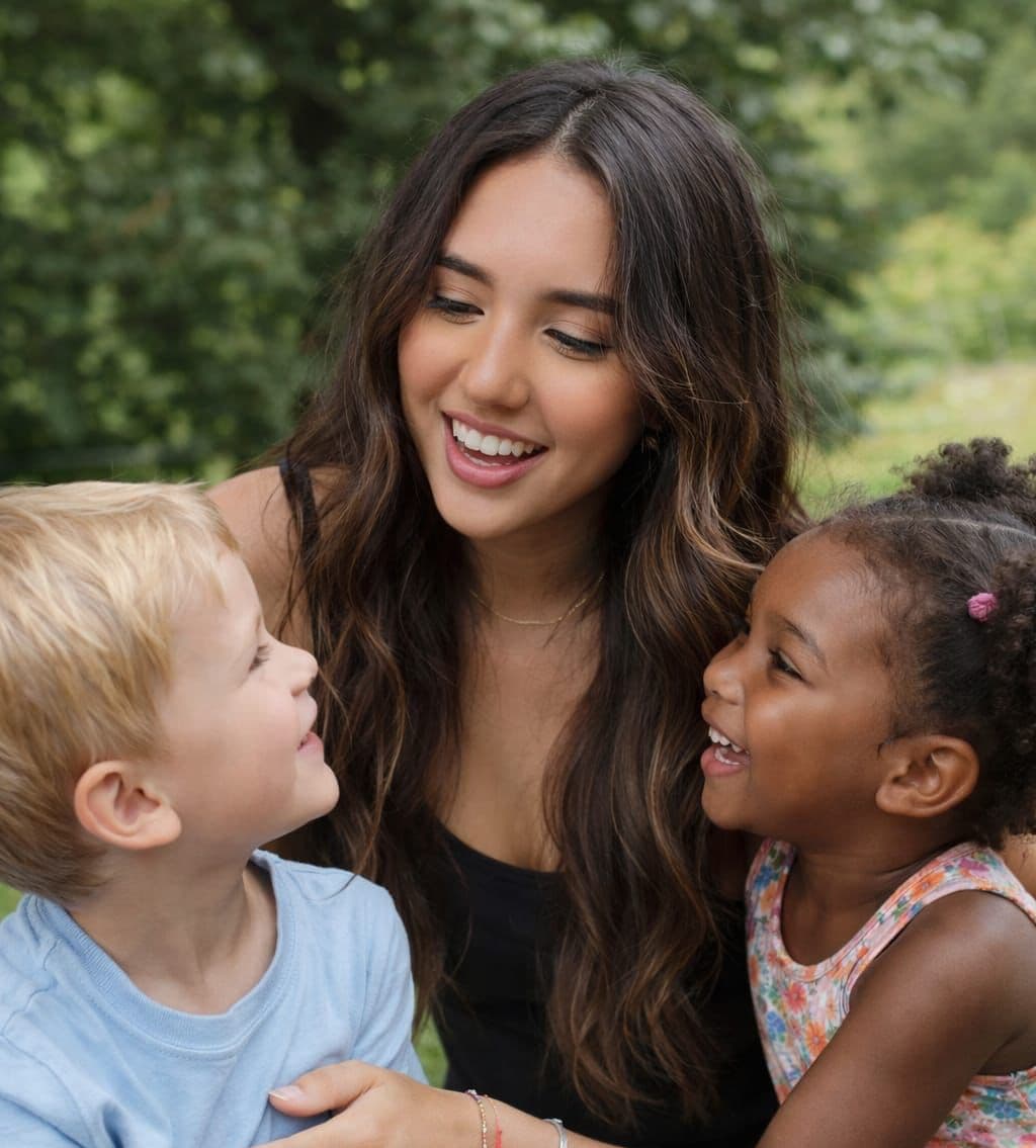 Smiling woman with long brown hair looks at two happy young children in a park.