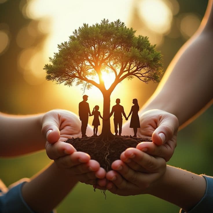 Hands cupping soil with a tree and silhouetted family under a bright, golden sunset.